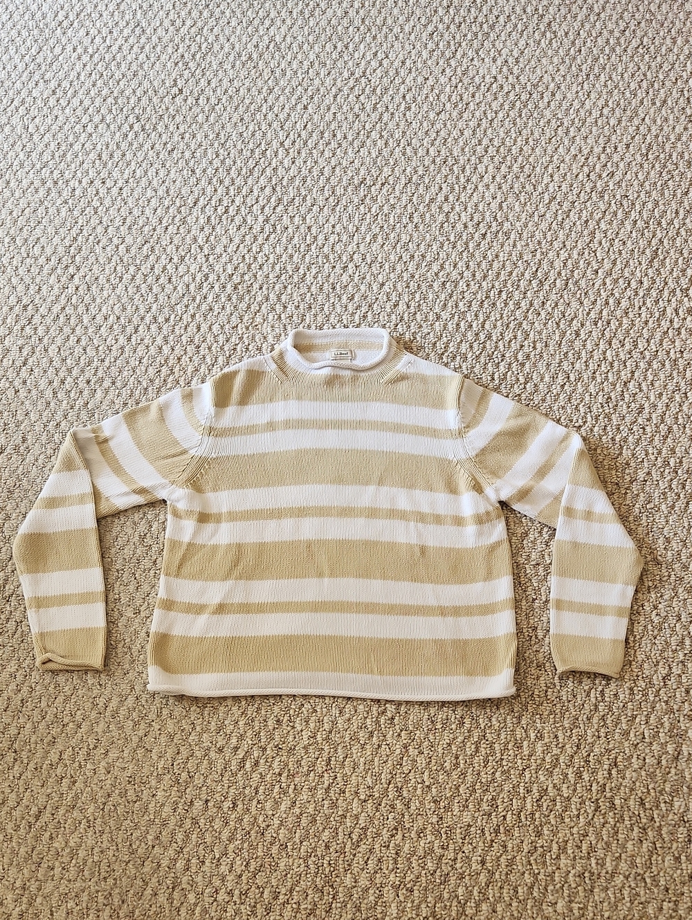 L.L. Bean Women's Striped Crewneck Sweater in Beige and White